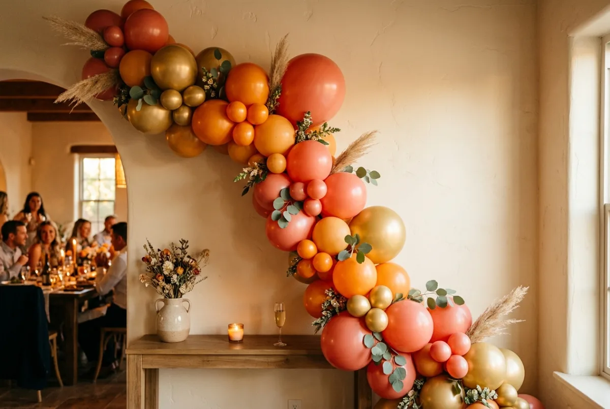 Arco de globos orgánico coral y dorado