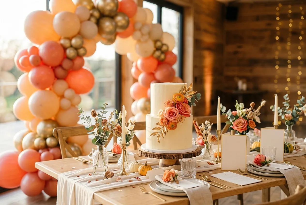 Mesa montada con arco de globos en evento