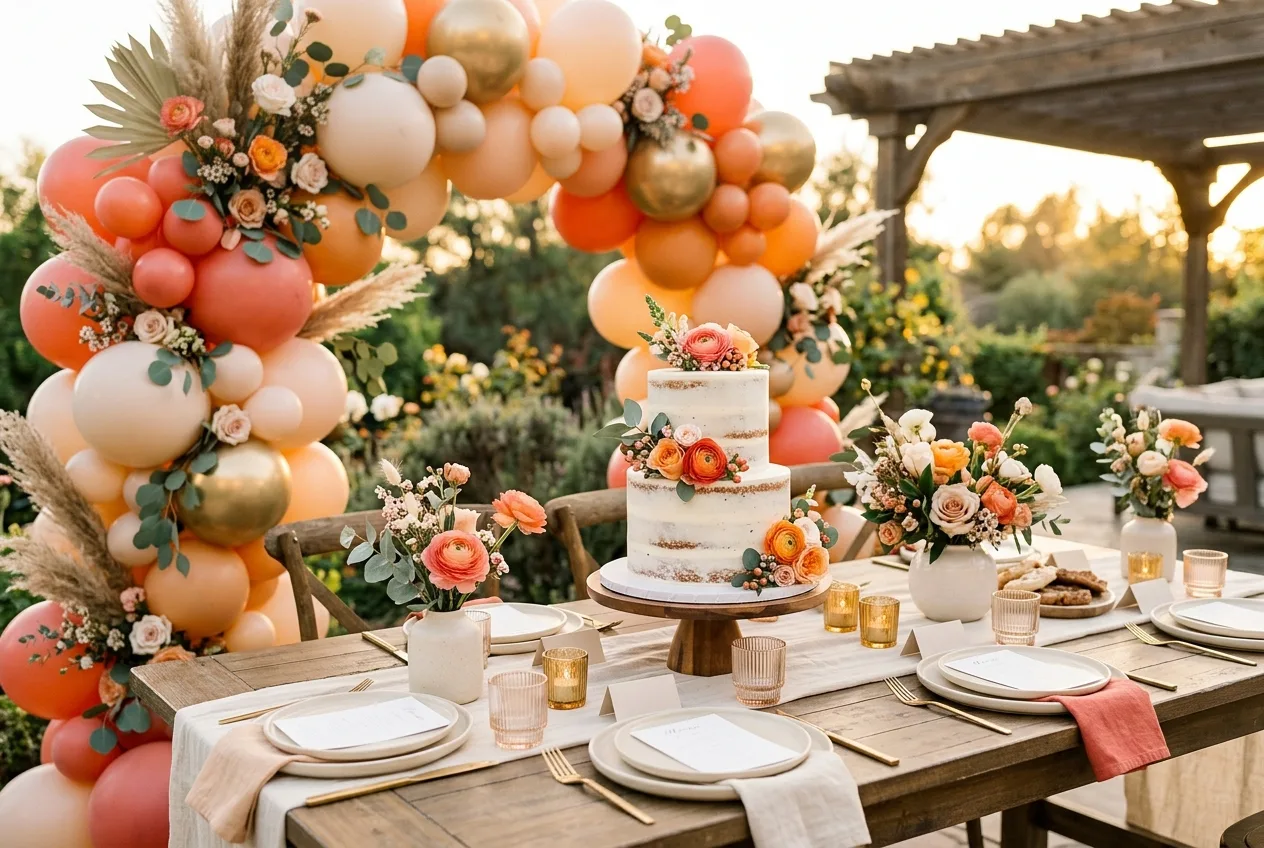 Mesa de fiesta montada con arco de globos y torta, luz cálida