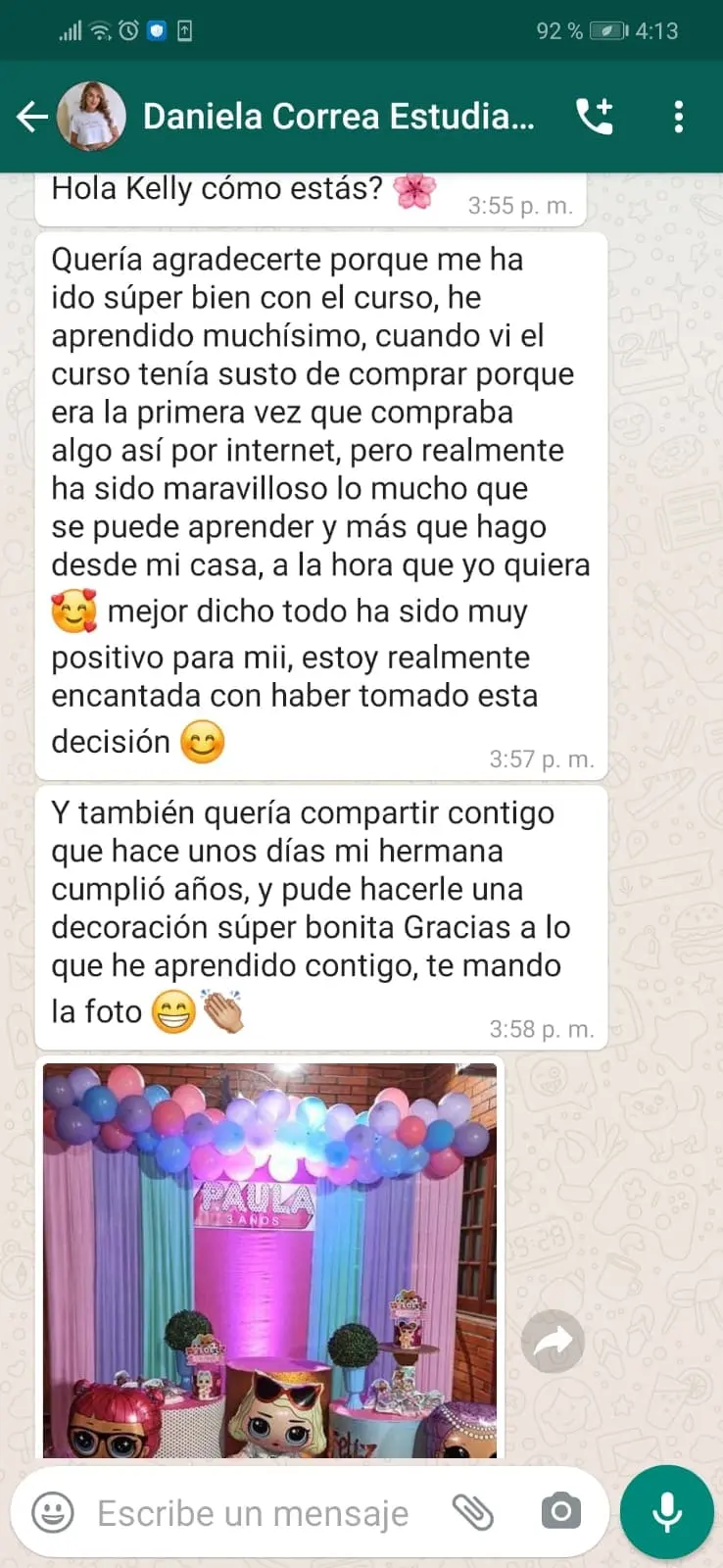 Testimonio real de una alumna por WhatsApp