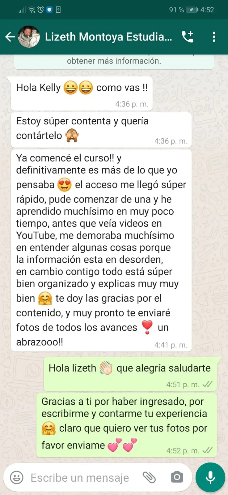Testimonio real de una alumna por WhatsApp