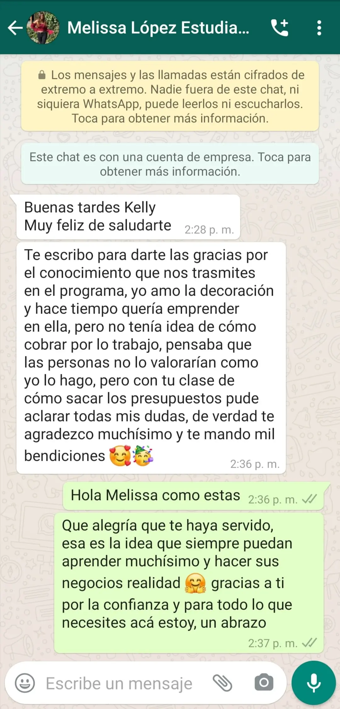 Testimonio real de una alumna, captura de pantalla