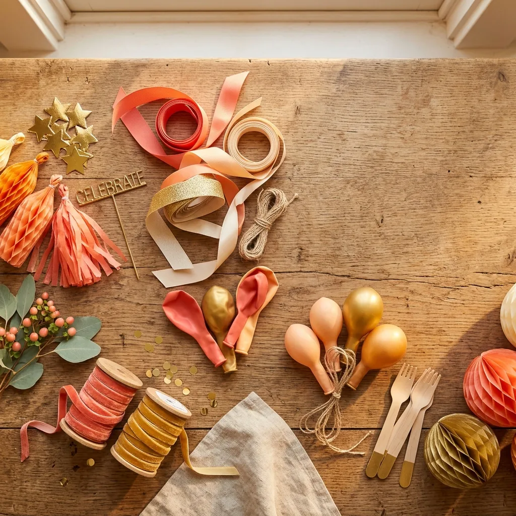 Detalle de materiales: cintas, confeti y globos